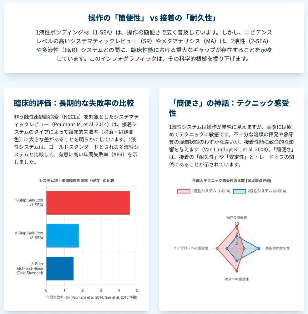 ③ 図解:NCCLにおけるシステム別失敗率(AFR)の棒グラフ〔1-SEA/2-SEA/3-Step E&R〕と、操作の「簡便さ」とテクニック感受性のトレードオフを示すレーダーチャート。