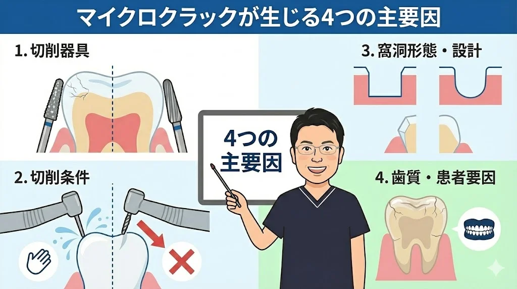マイクロクラックが生じる4つの主要因（切削器具・切削条件・窩洞形態と設計・歯質や患者要因）を歯の断面イラストと歯科医師キャラクターで示した説明図