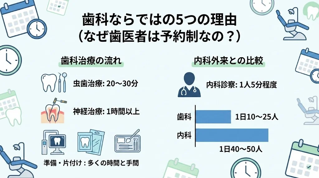 取手市藤代の坂寄歯科医院が、歯科ならではの5つの理由として「処置時間の長さ」「小手術としての歯科治療」「途中で止められない工程」「レントゲンや滅菌などの準備と片付け」「1日に診られる患者数の限界」を図解で説明している画像。虫歯治療20〜30分、神経の治療1時間以上、内科の風邪診察5分程度という時間の違いや、歯科は外科処置に近く予約制が必要であることを、時計や診療チェア、棒グラフでわかりやすく比較している。取手市藤代の歯医者・坂寄歯科医院(公式サイト:../../ 、電話:0297-82-4160、Web予約:https://reserve.dental/web/1bb91f-558/home)による、歯医者が予約制である理由を解説する一般向けブログ用イラスト。