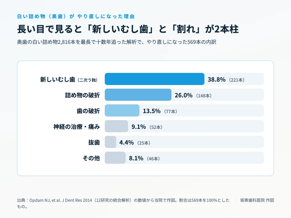 奥歯の白い詰め物がやり直しになった569本の原因の内訳。新しいむし歯（二次う蝕）38.8％、詰め物の破折26.0％、歯の破折13.5％、神経の治療・痛み9.1％、抜歯4.4％、その他8.1％を示した横棒グラフ｜取手市藤代の坂寄歯科医院