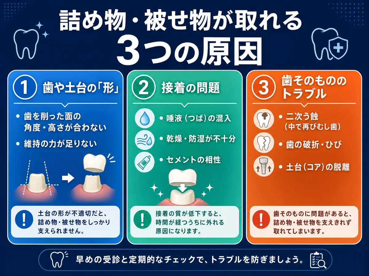 詰め物・被せ物が何度も取れるのはなぜ？原因は3つに分けられます