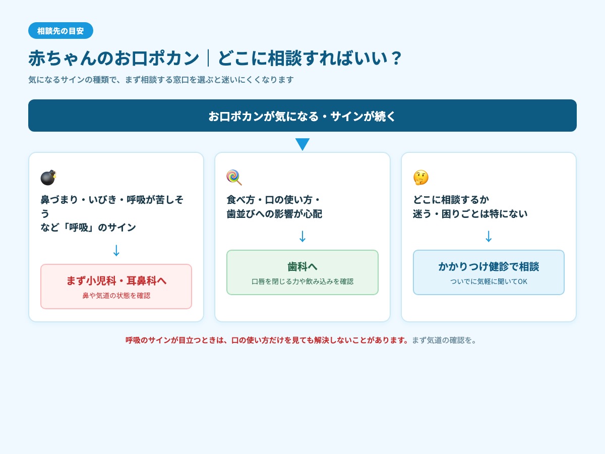 赤ちゃんのお口ポカンの相談先を整理した図。鼻づまり・いびき・呼吸が苦しそうといった呼吸のサインは小児科・耳鼻科へ、食べ方や口の機能・歯並びの心配は歯科へ、迷うときはかかりつけの健診で相談、という振り分けを示したフロー図のインフォグラフィック